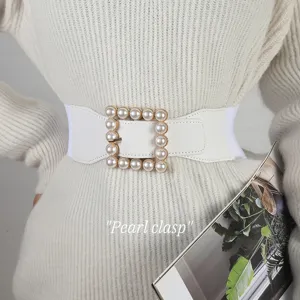 Women elastic wide belt pearl square buckle stylish sweater dress waist accessory
