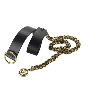 Chic vintage metal chain leather belt for women, stylish decorative waist chain dress accessory.
