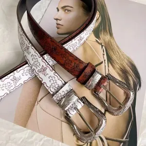 Ethnic retro American women belt set, vintage embossed leather strap with carved metal buckle.