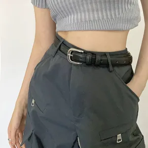 Women minimalist black leather belt with silver metal pin buckle versatile fashion accessory