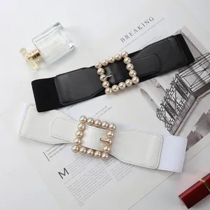 Women wide elastic stretch belt with pearl square buckle, fashionable sweater dress waist belt.
