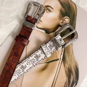 Vintage western style women leather belt with carved metal buckle retro floral waist strap