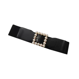 Women black elastic wide belt sweater dress coat waist seal with vintage pearl square buckle