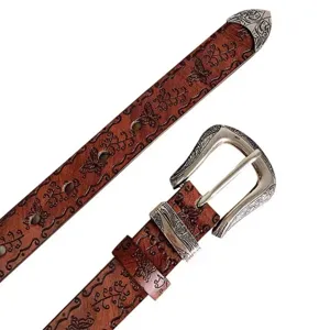 Retro western style brown embossed leather belt for women, vintage engraved metal buckle.