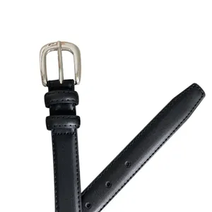 Classic women black leather belt with silver metal buckle, stylish daily jeans accessory.