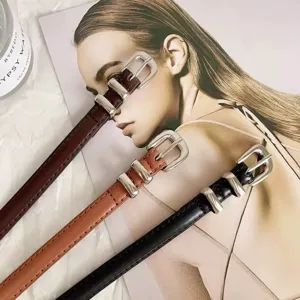 Minimalist thin leather belt for women, retro fashion alloy buckle waist strap for jeans.
