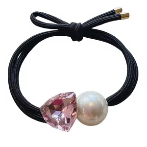 Élégant chouchou noir avec un cristal rose scintillant et une perle pour les femmes.