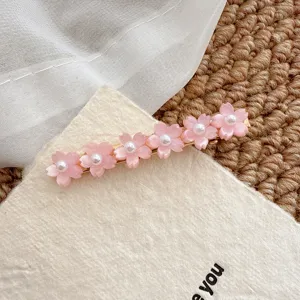 Sweet pink cherry blossom hair clip with pearl detail, elegant side bobby pin for daily wear