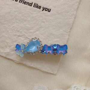 Blue crystal rhinestone bow hair clip duckbill side clip cute bangs hairpin for women