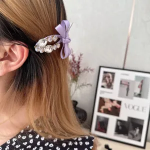 Purple rhinestone bow hair clip side duckbill clip sweet hair accessory for women.