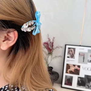 Light blue satin bow rhinestone duckbill hair clip sweet side hairpin for women