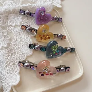 Elegant Korean heart rhinestone hair clips set, sparkling crystal duckbill side clips.