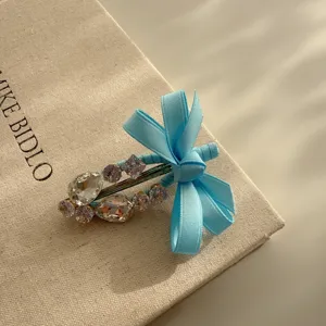 Sweet blue ribbon rhinestone hair clip elegant side hairpin for women girls hair accessories