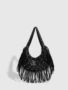 Detailed view of the black retro fringe and gold stud shoulder crossbody bag for women.