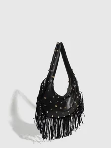 Black leather fringe hobo shoulder bag with gold tone studs for stylish vintage daily wear.