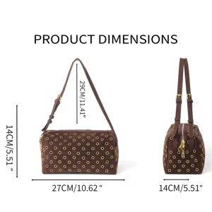 Brown suede shoulder bag with metal grommets punk style handbag with detailed dimensions specs.