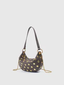 Retro punk style dark gray pu leather shoulder hobo bag with gold studs and chain straps.