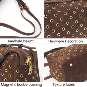 Retro suede rivet shoulder bag detail view showing hardware, texture, and magnetic buckle.