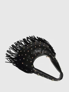Black fringe studded hobo shoulder bag showcasing textured PU leather and chic gold hardware.