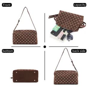Brown suede studded shoulder bag retro punk style metal grommets handbag for women