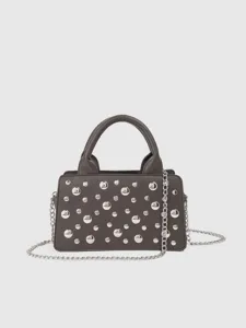 Stylish punk style studded shoulder bag for women, grey faux leather crossbody bag with chain.
