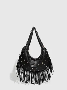 Stylish black leather fringe shoulder bag with metallic rivet details for women retro daily use