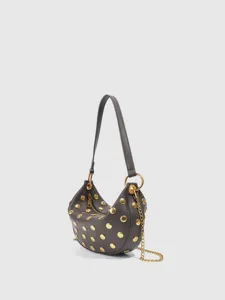 Punk style faux leather shoulder bag with metallic dome studs and stylish chain accessory.