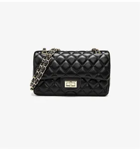 Black quilted chain shoulder bag featuring classic flap design, metal turn-lock and leather strap.