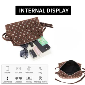 Brown suede shoulder bag with metal eyelets, punk style grommet crossbody bag for women.