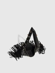 Black fringe shoulder bag with gold-tone studs and unique triangular handle design.