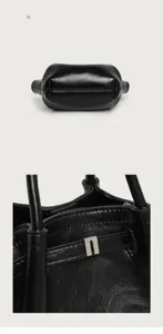 Black faux leather handbag detail, pleated texture, metal buckle accent, close-up view.