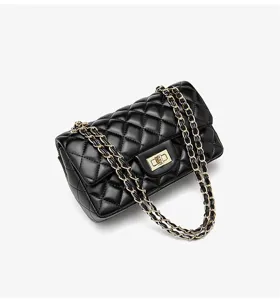 Black quilted leather shoulder chain bag with gold hardware and classic flap closure design.