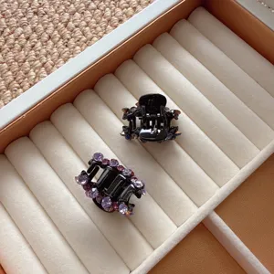 Detail view of two black rhinestone hair claws decorated with sparkling purple crystals neatly.