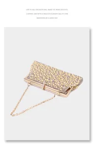 Sparkly rhinestone pearl evening clutch bag, elegant metallic chain shoulder bag for women.