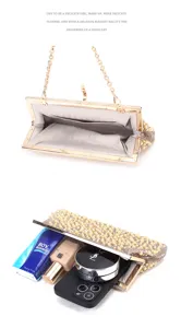 Elegant rhinestone pearl evening clutch bag shiny metallic frame shoulder bag for women details view