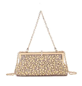 Exquisite pearl rhinestone evening bag clutch detail, elegant metallic chain shoulder strap.