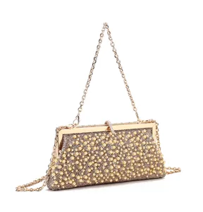 Elegant rhinestone evening bag with pearl details, gold frame and chain strap for women.