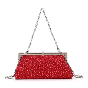 Red rhinestone pearl evening clutch bag with silver chain strap for elegant women details.