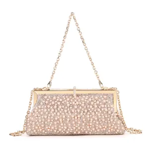 Exquisite rhinestone pearl evening clutch bag detail, elegant gold metal frame design.