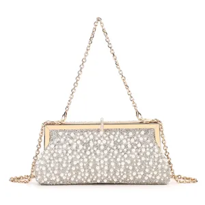 Exquisite rhinestone pearl evening clutch with gold metal frame and detachable chain strap.