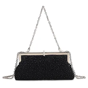 Black beaded rhinestone evening clutch bag with silver metal frame and chain strap detail.