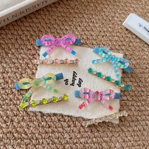 Colorful bow hair clips and rhinestone barrettes set for sweet girls and daily cute hair styling.