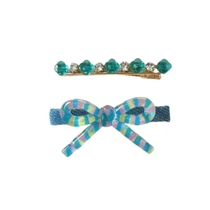 Dopamine colorful bow hair clips set, cute rhinestone side bangs clip for sweet girls.