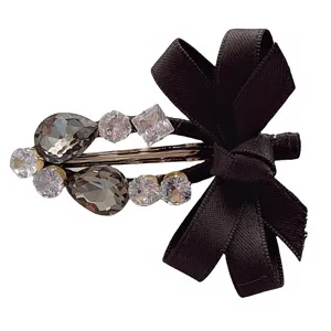Elegant black ribbon bow hair clip with sparkling rhinestones, sweet side clip for daily wear.