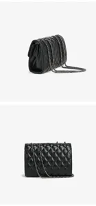 Black quilted chain shoulder bag detail showing the classic leather texture and metal strap.