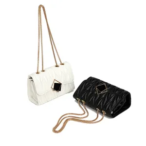 Women Fashion Pleated PU Leather Crossbody Bag Casual Chic Chain Shoulder Bag Daily Travel Handbag Purse