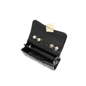 Black quilted chain shoulder bag for women, stylish crossbody handbag with gold hardware.