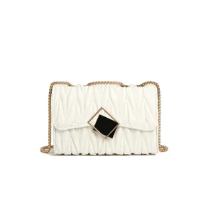 Stylish white quilted leather shoulder bag with chic gold chain strap and elegant clasp.