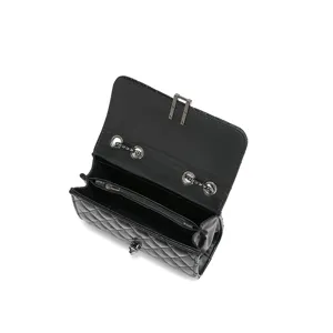 Black quilted leather shoulder bag with metal chain strap and turn-lock closure for women.