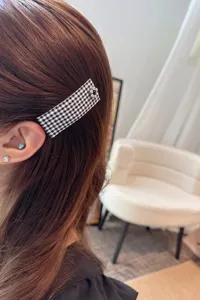 Korean retro black white plaid fabric hair clip metal flower side clip versatile hair accessory